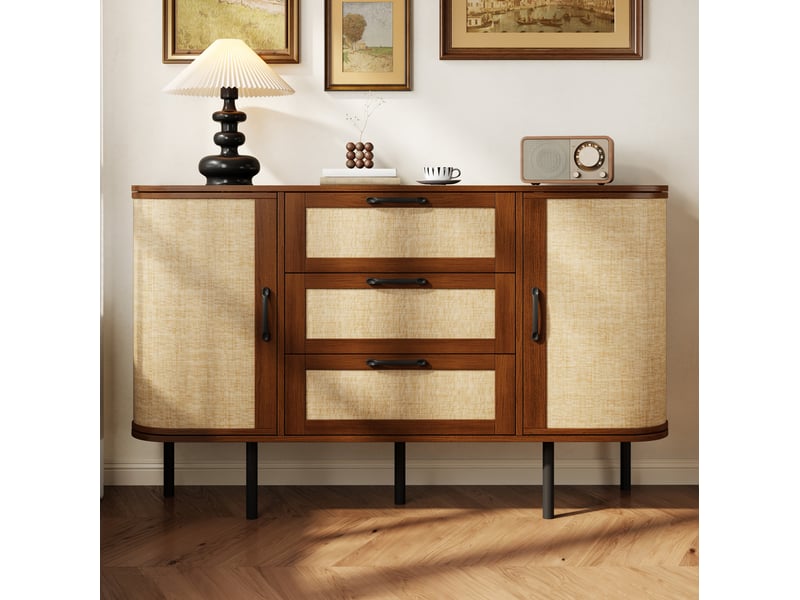  Buffet bas ulevr avec rangement 120 x 40 x 82 cm, 2 portes, 3 tiroirs, étagères réglables, mdf décor noyer, pieds métal noirs  - Conforama D