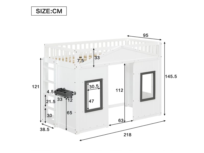 Lit mezzanine 90x200 cm - avec échelle et protection anti-chute, lit mezzanine enfant avec fenêtres, bois, blanc - sans matelas - Conforama C