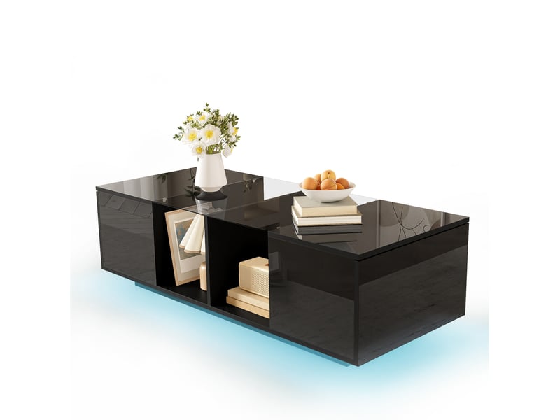  Table basse noire 120 x 50 cm avec led 16 couleurs, plateau en verre et rangements  - Conforama A