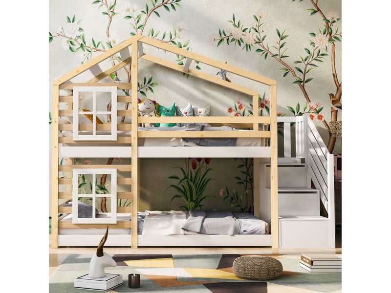  Modenvie lit superposé enfant cabane 90x200 cm - avec rangement intégré, sans matelas - blanc et naturel  - Conforama B