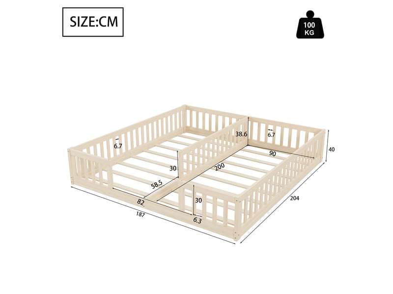 Lit enfant 90x200 cm 2 couchages avec barrières en pin et mdf coloris naturel - Conforama E
