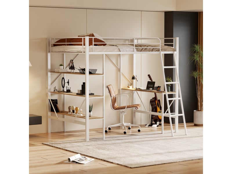Lit mezzanine 90x200cm, lit 1 place, avec 3 étagères de rangement, table, sommier en métal, blanc, sans matelas - Conforama C