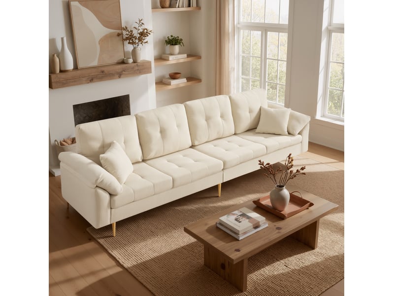  Canapé droit 4 places avec pouf modulable en angle, assise rembourrée et pieds hauts en fer, velours côtelé beige clair  - Conforama C
