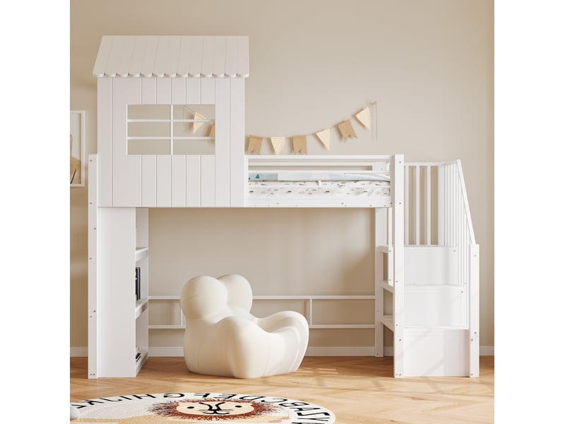  Lit mezzanine enfant, 90 x 200 cm, lit simple avec escalier aménagé, matelas non inclus, mdf et métal, coloris blanc  - Conforama E