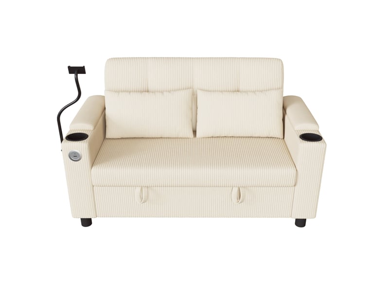 Canapé 2 places 136 cm avec rangement intégré-usb et type-c-porte-gobelets et support téléphone-en velours côtelé-beige - Conforama A