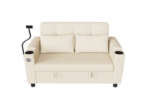 Canapé 2 places 136 cm avec rangement intégré-usb et type-c-porte-gobelets et support téléphone-en velours côtelé-beige