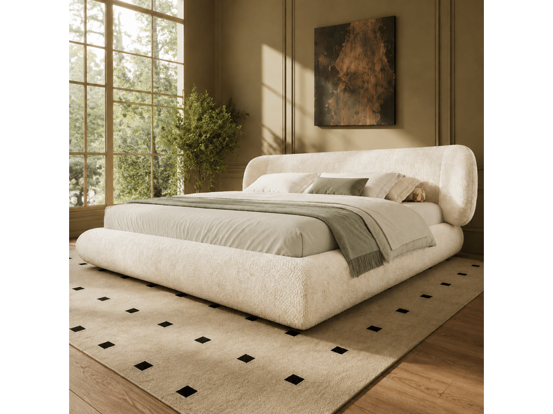  Lit double rembourré 160x200 cm, cadre de lit avec sommier à lattes, tête de lit, mousse épaisse, coins arrondis, chenille (sans matelas), beige CozyNest - Conforama D