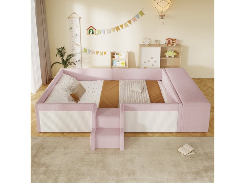  Lit rembourré en tissu velours, 140 x 190 cm, petit escalier, banc de lit avec coffre de rangement, sans matelas, rose  - Conforama D