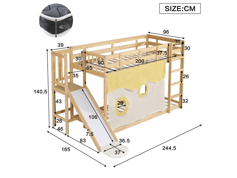 Lit superposé enfant avec toboggan et rideaux naturel 90 x 200 cm - Conforama E