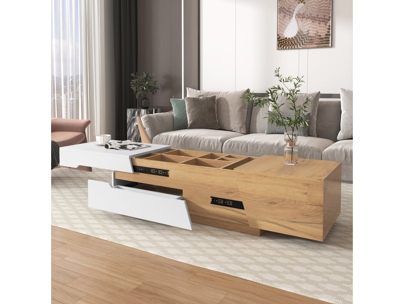  Table basse extensible 120 à 201,5 cm, 2 tiroirs et rangements, blanc et bois mdf  - Conforama B