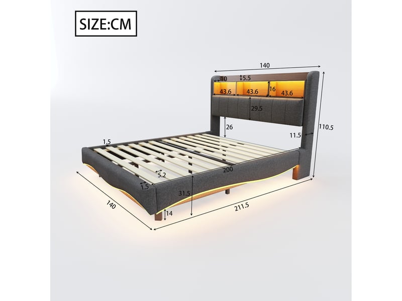 Lit double rembourré 140 x 200 cm effet flottant avec led, usbusb-c et rangement de tête de lit, tissu effet lin gris Fay Lum - Conforama C