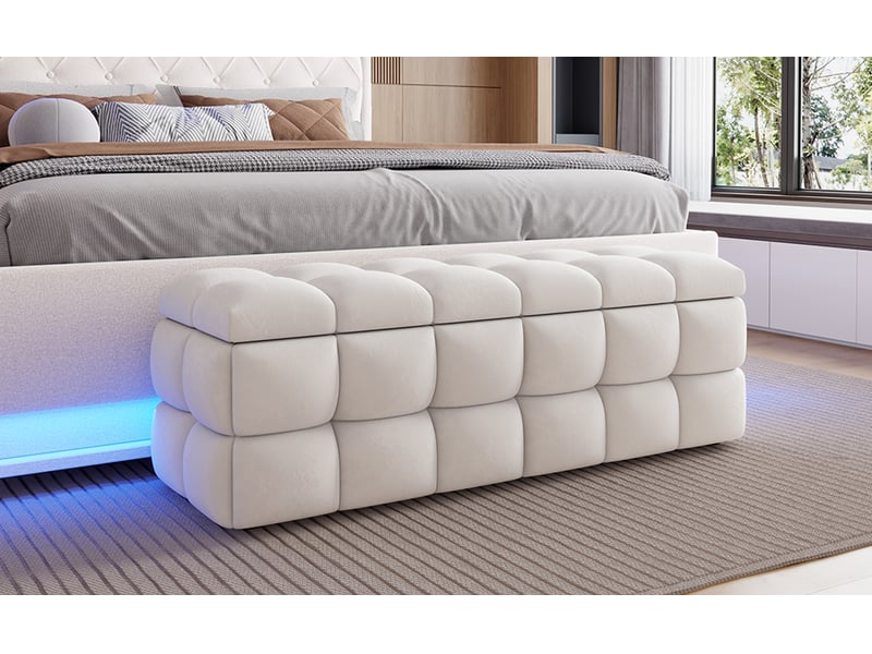  Banc coffre de rangement 120 x 40 x 40 cm avec grand espace de rangement et assise rembourrée, beige écru  - Conforama E