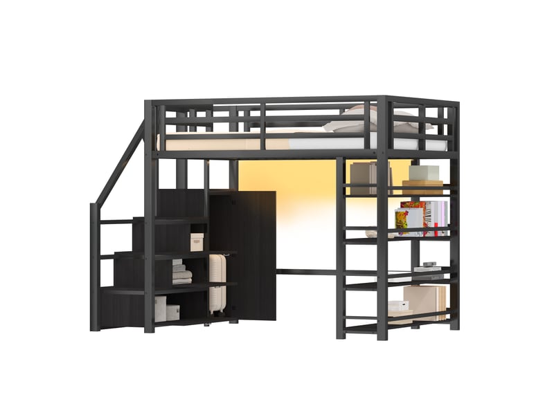  Lit mezzanine double 140×200 cm avec led réglable, étagères et armoire  - sans matelas, métal noir  - Conforama A