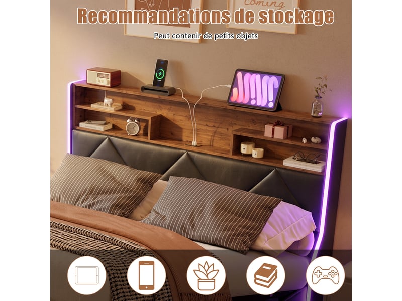  Lit coffre 140x200cm - lit double 140x200 - rembourré simili cuir avec étagère tête de lit, led latérales &amp; ports usb - noir  - Conforama D