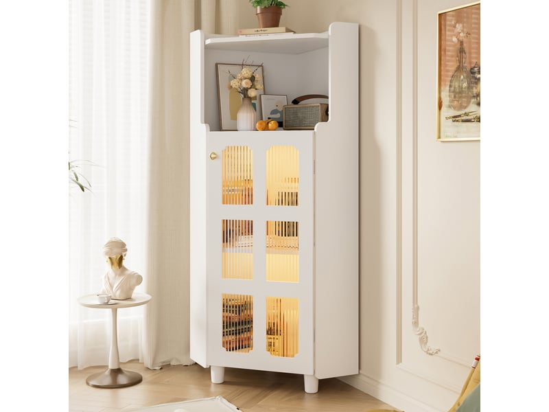  Armoire d'angle 63,5x45x124 cm, gain de place, éclairage led, pour salon, bibliothèque, salle de bains, mdf blanc  - Conforama E