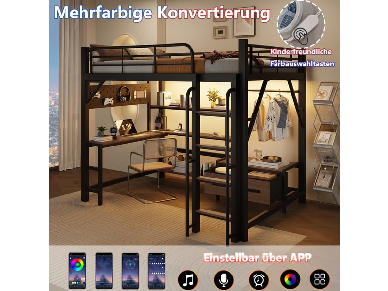  Lit surélevé 140 x 200 cm noir, panneau perforé, étagères, tiroirs en tissu, bureau, usb, led, sans matelas  - Conforama D