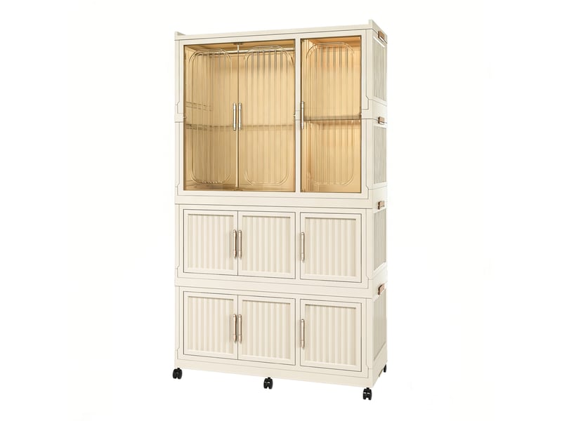  Armoire penderie pliable 92 x 45 x 158 cm blanc crème en polypropylène, 9 portes magnétiques sur roulettes  - Conforama D