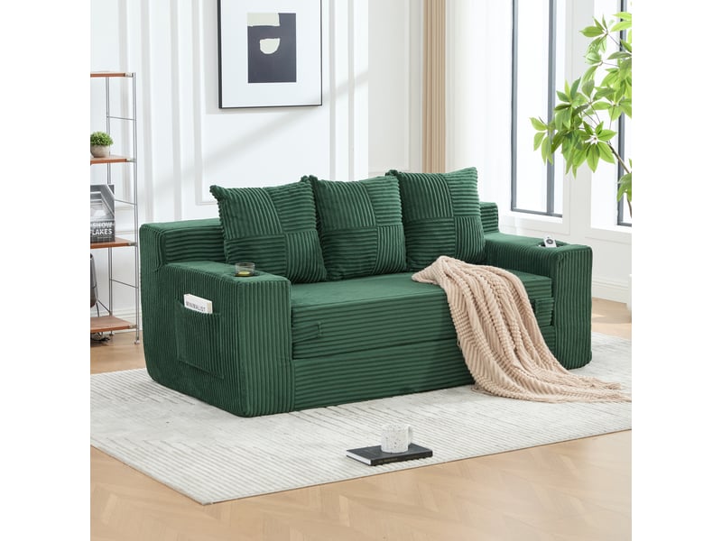  Canapé modulable 3 places modenvie en velours côtelé vert émeraude avec porte-gobelets et poches latérales 172 x 87 x 64 cm  - Conforama E