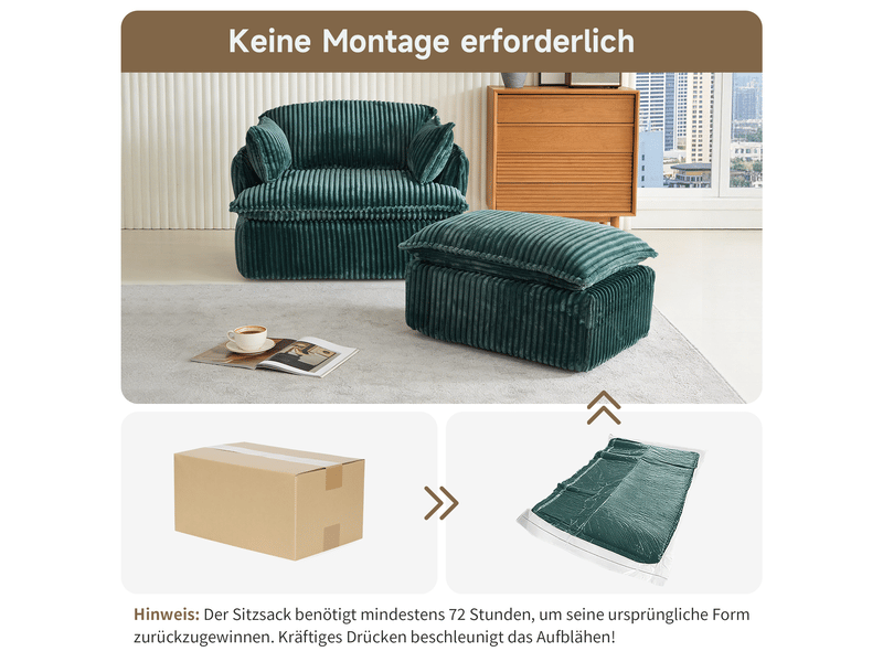 Fauteuil avec pouf, assise en mousse haute densité  - format compressé, velours côtelé en flanelle - vert  - Conforama E