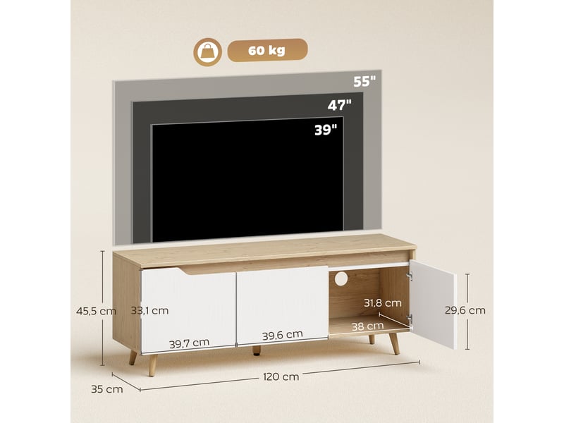 Meuble tv 120 cm, meuble télé pour téléviseur jusqu'à 55 pouces avec 3 portes, étagère réglable, chêne et blanc  - Conforama C