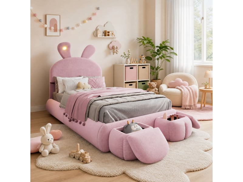  Lit simple enfant 200×90 cm à oreilles de lapin avec led réglable et 2 poufs de rangement, en velours rose, sans matelas  - Conforama C