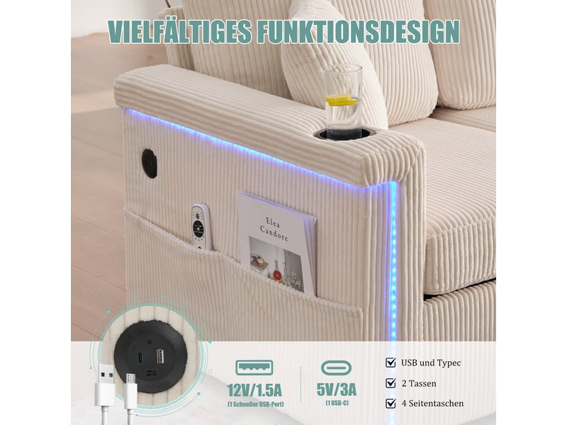  Canapé modulable avec pouf coffre 194 cm, 2 tiroirs de rangement, led, usb et usb-c, porte-gobelets, poches latérales, velours côtelé beige Radiant Stride - Conforama E