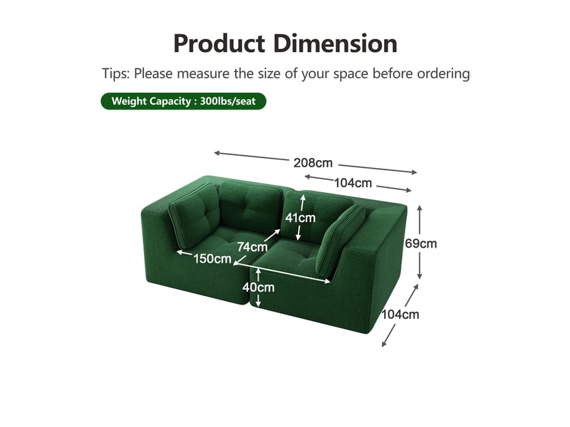  Canapé d’angle modulaire 2 places en velours côtelé avec assise profonde et dossier souple, vert  - Conforama E