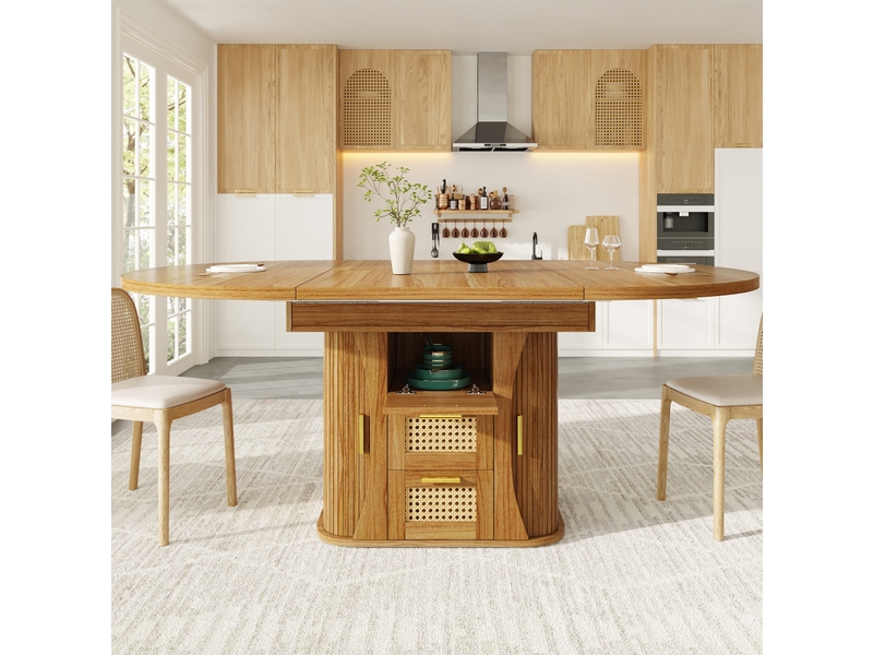  Table à manger extensible 118-158x118x77cm, tiroirs en osier et espace de rangement, aggloméré couleur chêne, cuisine et salon  - Conforama D