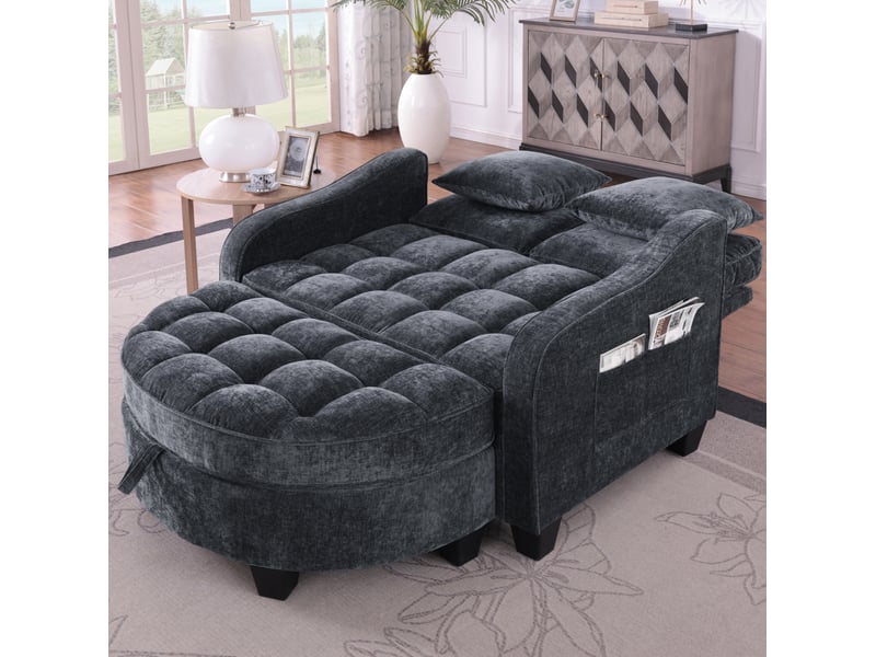  Canapé-lit convertible modenvie 1 place avec pouf de rangement 132 x 129 x 93 cm chenille noir  - Conforama D