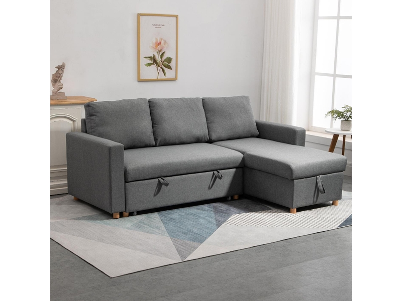  Canapé d'angle convertible 3 places avec méridienne en tissu gris 211,5x146x85 cm  - Conforama B