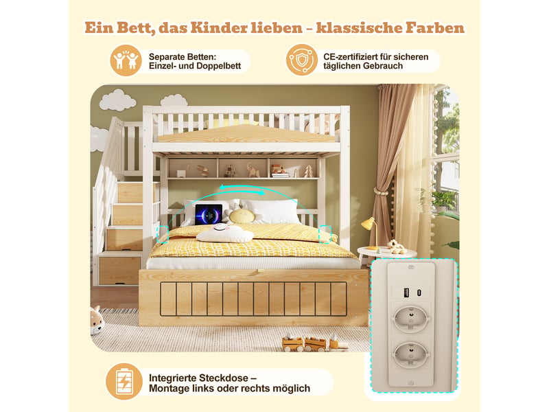 Lit superposé 90x200 et 140x200 cm avec espace de rangement hydraulique, lit enfant avec port usb-c et armoire-escalier, blanc - Conforama R