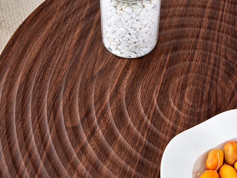  Table basse ronde noyer en 3d surface texturée avec pieds en métal pour petit espace  - Conforama D