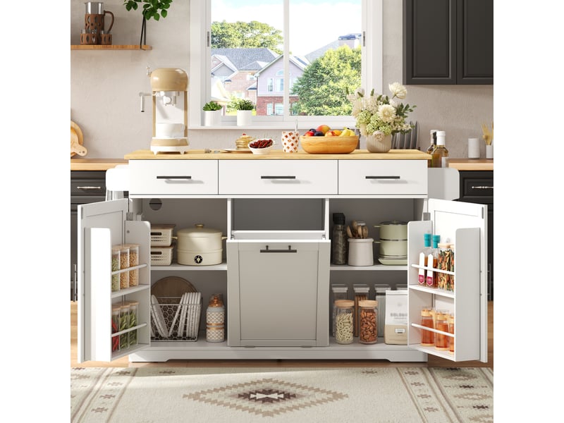 Ilot central de cuisine - 136x75x92cm - desserte avec plateau rabattable meuble poubelle prises et tiroirs - blanc  - Conforama C