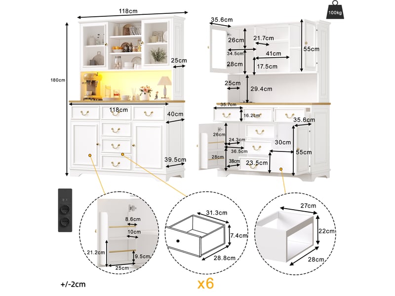  Armoire de cuisine haute avec prises et led, meuble de rangement cuisine blanc 180cm, buffet mdf  - Conforama W