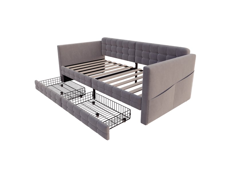  Lit canapé velours gris 90x190 cm motif capitonné avec 2 tiroirs et rangements  - Conforama E