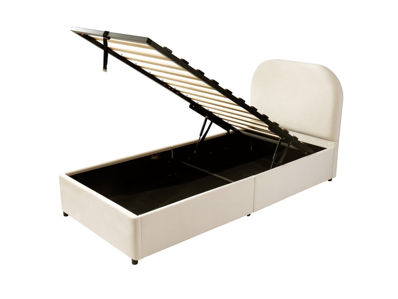 Lit coffre enfant 90x190cm - avec tête de lit rembourrée - avec espace de rangement - tissu bouclé - beige (matelas non inclus) - Conforama R