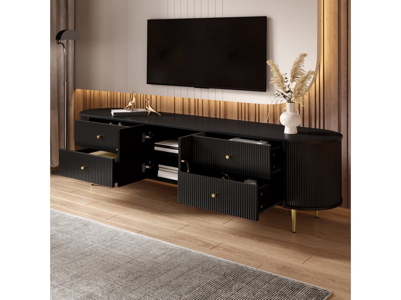  Meuble tv 180x40x38 cm en mdf avec tiroirs et double porte noir chicfurn  - Conforama B