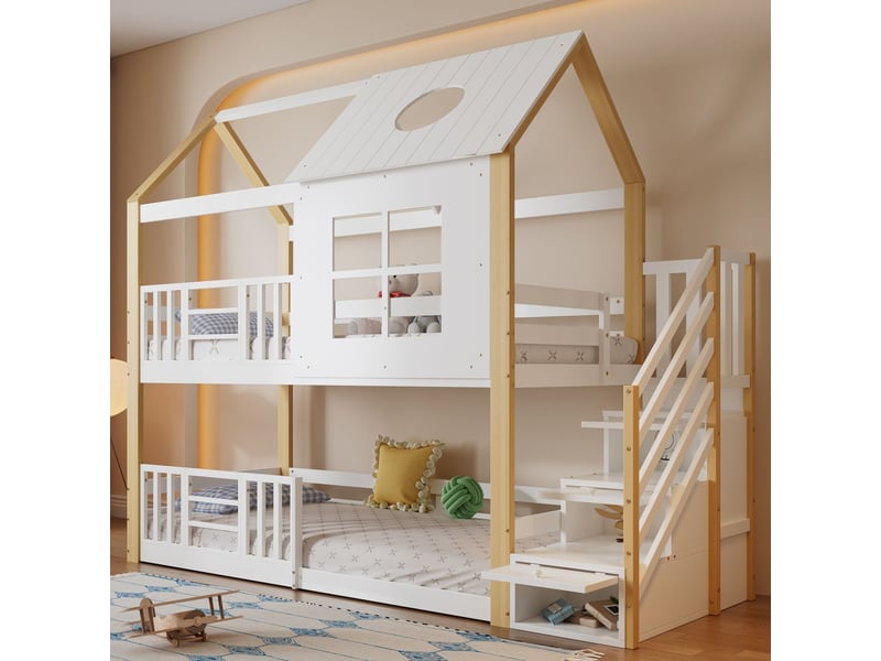  Lit superposé enfant 90x200, lit superposé ,sécurisé gain d'espace avec échelle rangement et barrière de protection  - Conforama B