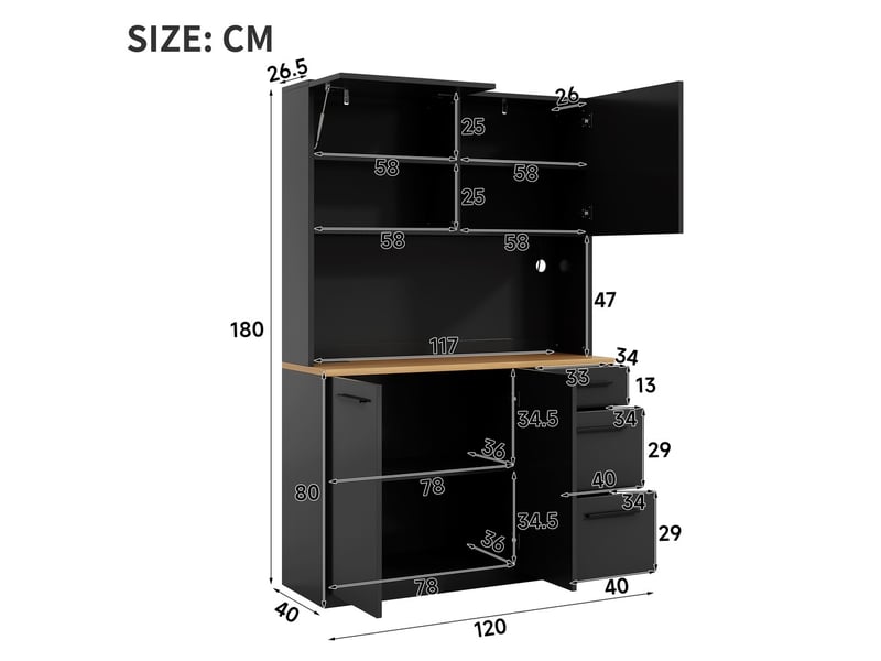  Buffet haut 120x40x180cm noir avec étagères prises usb et bande lumineuse pour salle à manger  - Conforama C