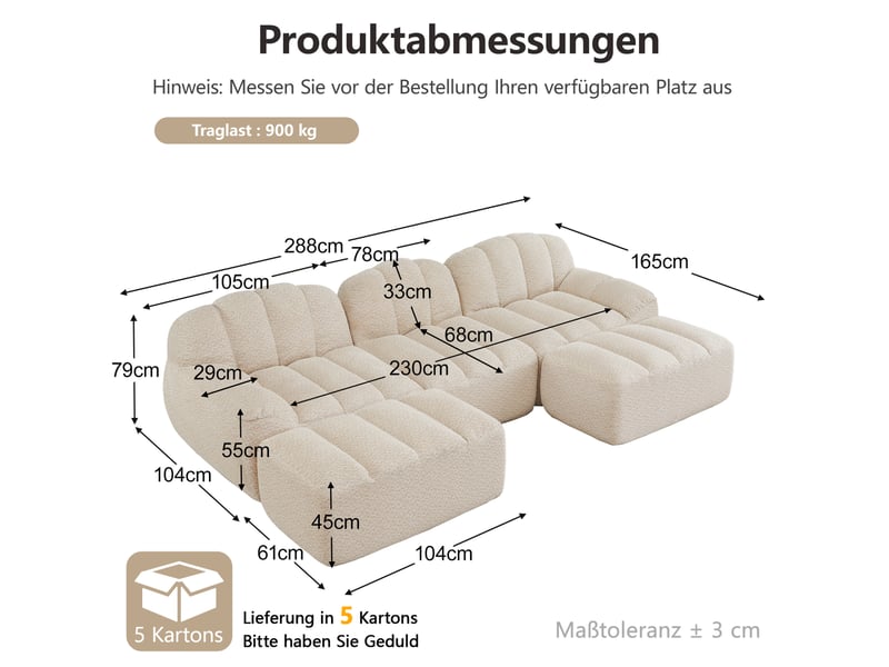  Canapé modulable en u 3 places beige blanc avec 2 ottomans, assise profonde en tissu bouclette pour le salon  - Conforama C