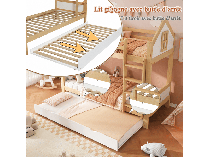 Lit superposé cabane 90x200cm avec lit gigogne 90x190cm, 3 couchages, fenêtres, échelle et barrières, pin et panneaux de bois, blanc et naturel OMNIGLINT TRADING LTD - Conforama E