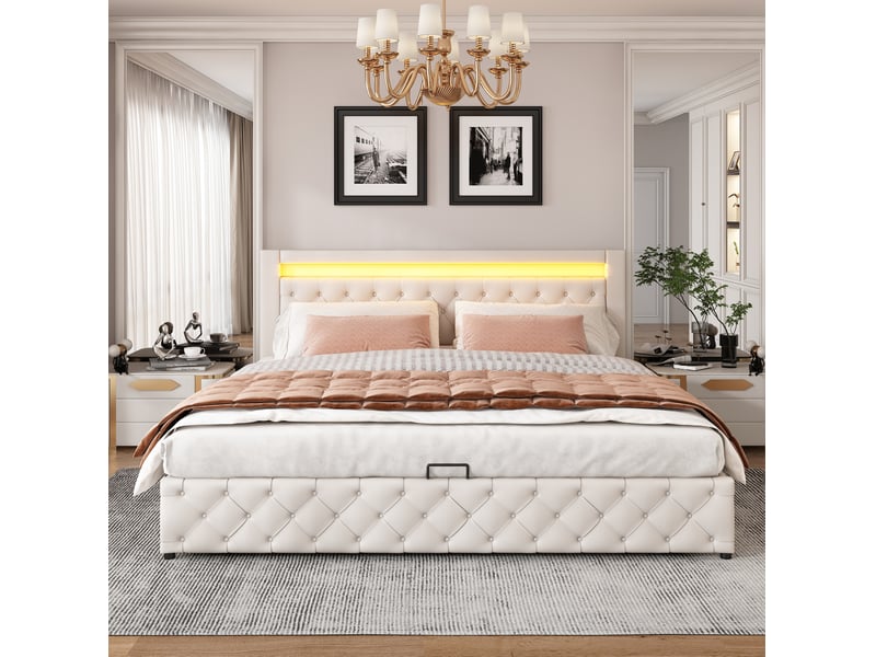  Lit coffre 180x200 cm avec sommier à lattes, rangement et éclairage led, blanc  - Conforama E