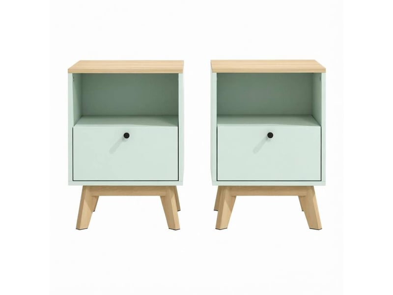 Lot de 2 tables de chevet avec niche ouverte en mdf vert clair et effet chêne - Conforama A