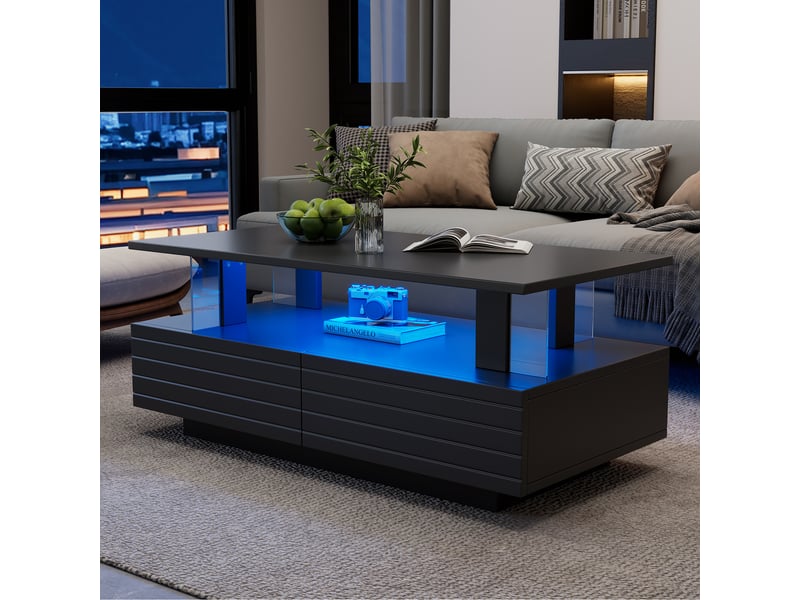  Table basse led noire - acrylique - led contrôlable via application - double couche de rangement 100x50x42cm - Conforama R