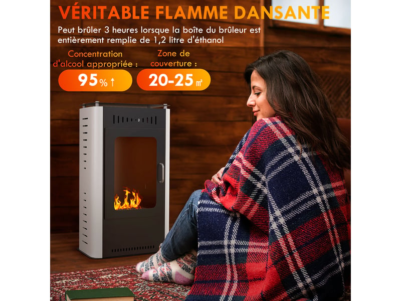  Cheminée poêle à éthanol avec réservoir 1,2l 3h de durée de combustion couverture 20 à 25 m² 50 x 27 x 82 cm noir  - Conforama D