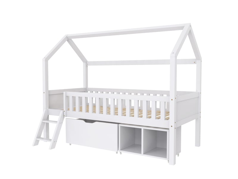 Lit cabane enfant 90x200 en bois massif blanc, lit avec tiroirs et étagères, barrière de sécurité, pour fille et garçon - Conforama R