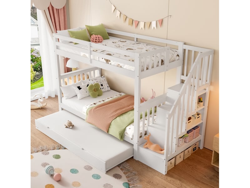 Lit superposé 200 × 90 cm et 190 × 90 cm 3 places avec lit gigogne, étagères d'escalier, sans matelas, blanc - Conforama C