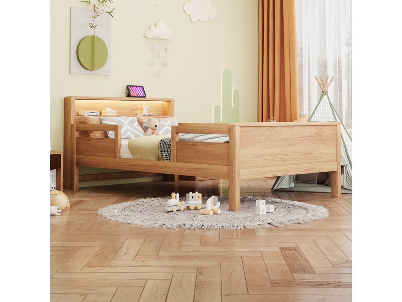  Lit simple 90x200 cm, lit enfant, led, port usb, tête de lit avec rangement, bois de pin bois naturel  - Conforama A