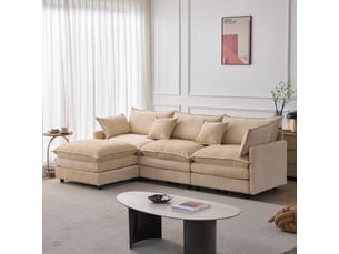 Canapé d'angle modulaire 3 places avec méridienne 267 x 154 cm en chenille, pouf mobile