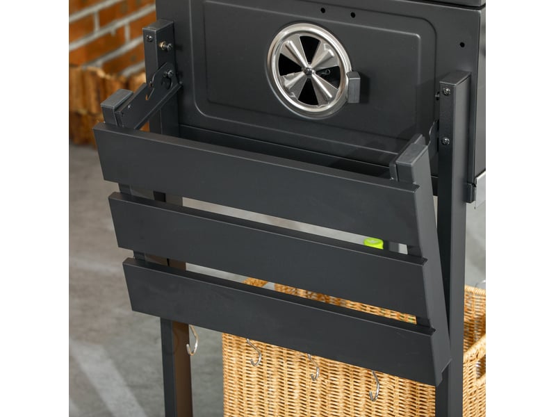  Barbecue charbon de bois avec 2 grilles, tablettes rabattables, chariot et rangement – noir – acier inoxydable  - Conforama D
